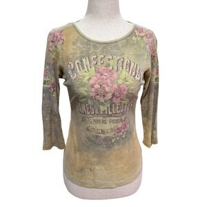 90's Y2K Cyber Grunge Cherry Blossom Floral Print 3/4 Sleeve Distressed Top